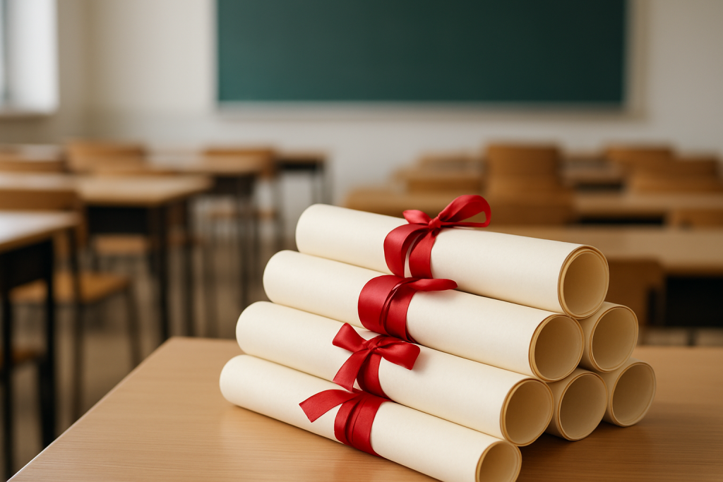 stack of rolled diplomas tied with red ribbons on a classroom table