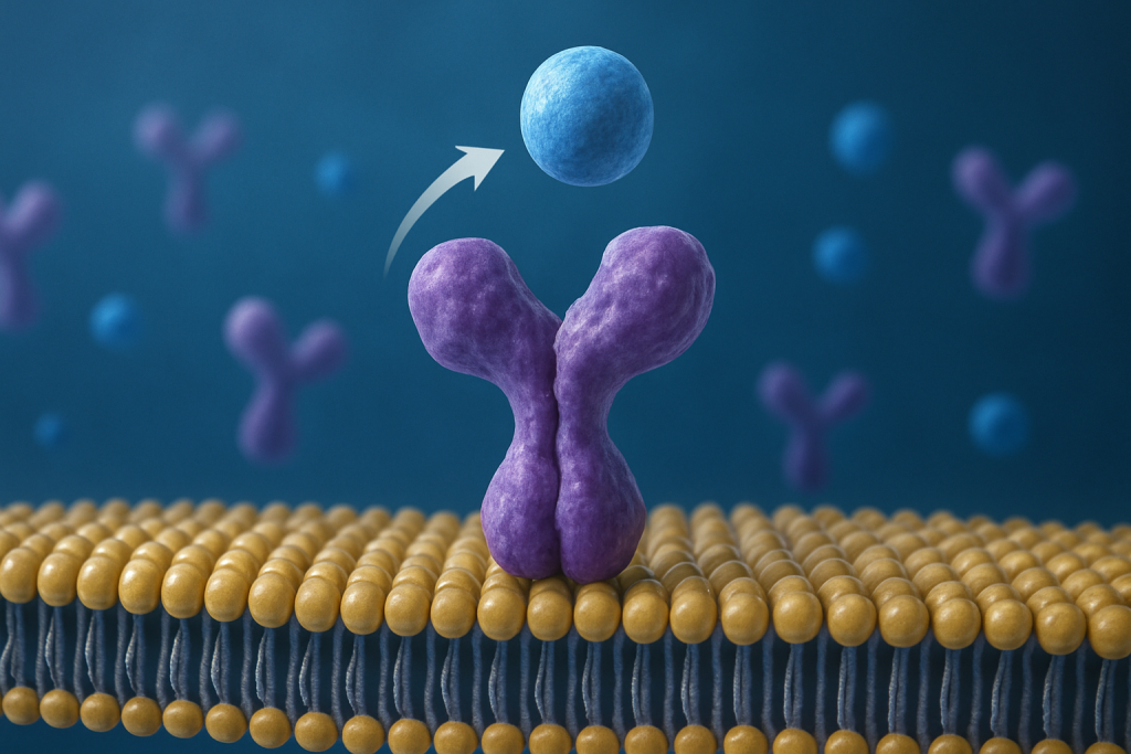 Illustration of molecules interacting on a cellular membrane, representing biochemical processes in research.