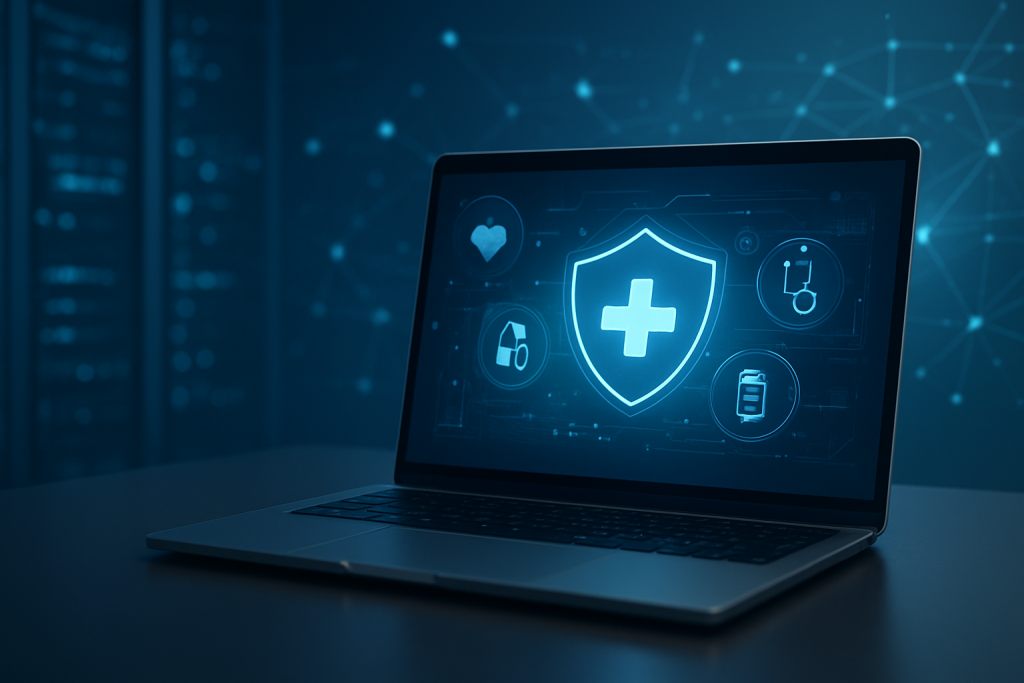 A laptop displaying a digital healthcare interface with various health icons