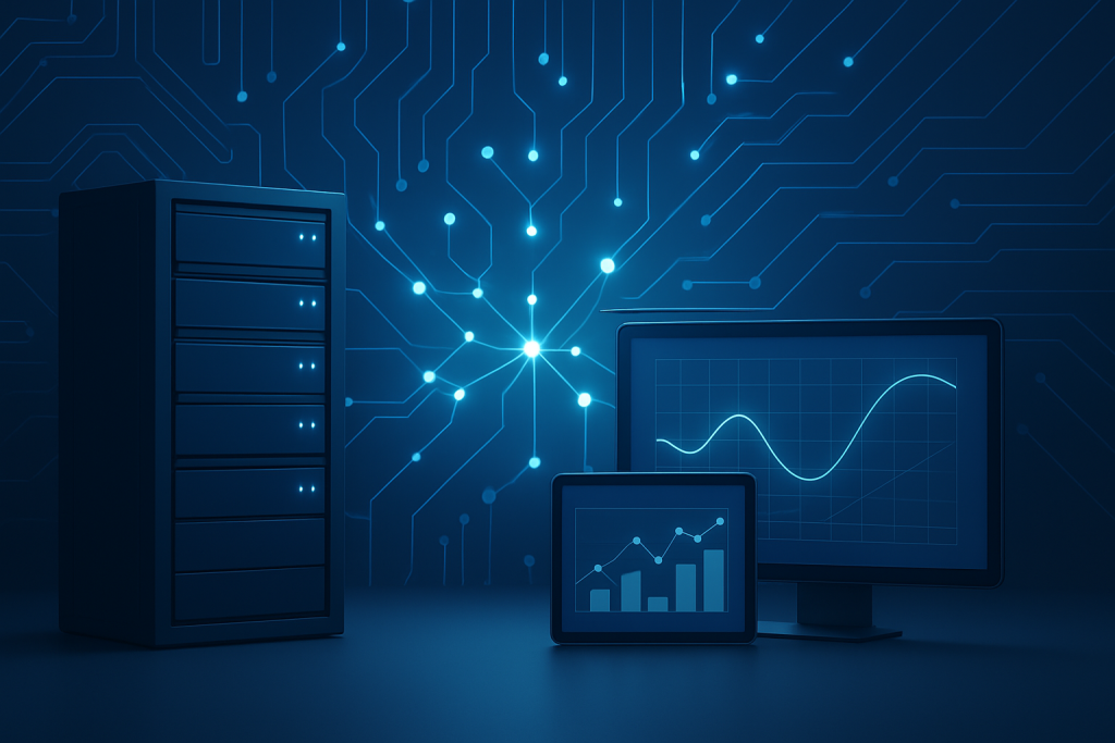 A dark-themed digital illustration of servers and screens displaying graphs and data, set against a tech-themed backgrou
