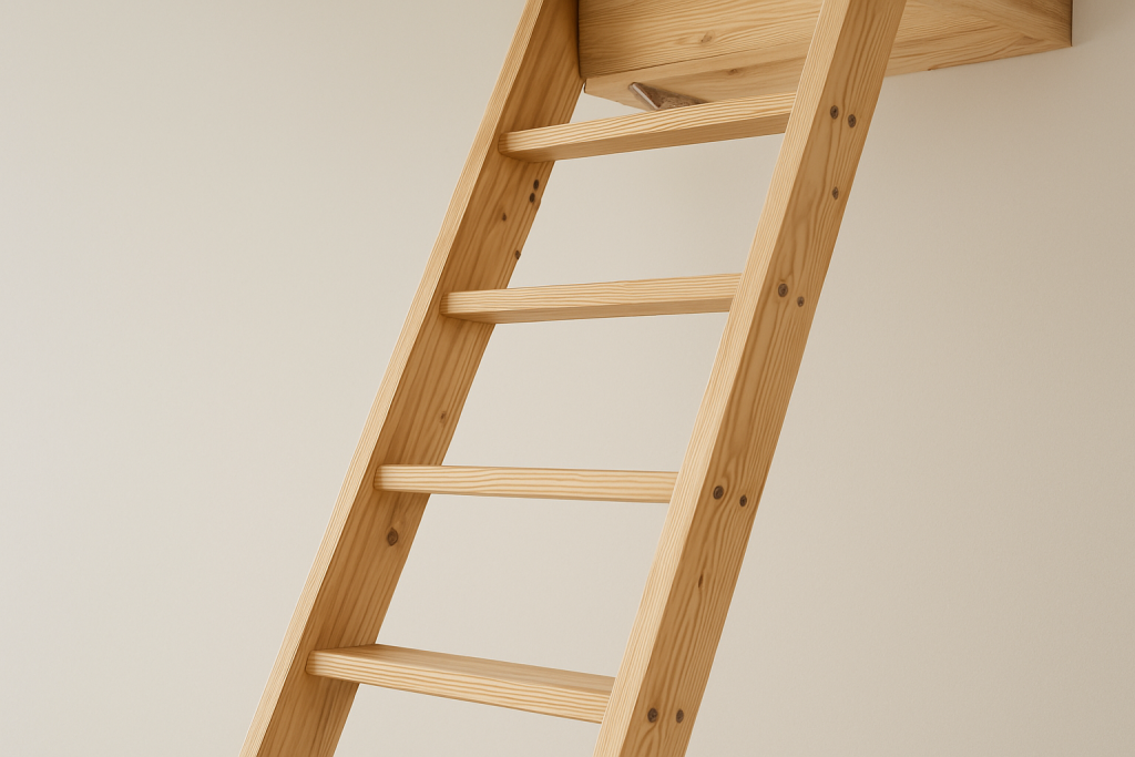 A wooden loft ladder leaning against a wall, leading up to a ceiling opening.